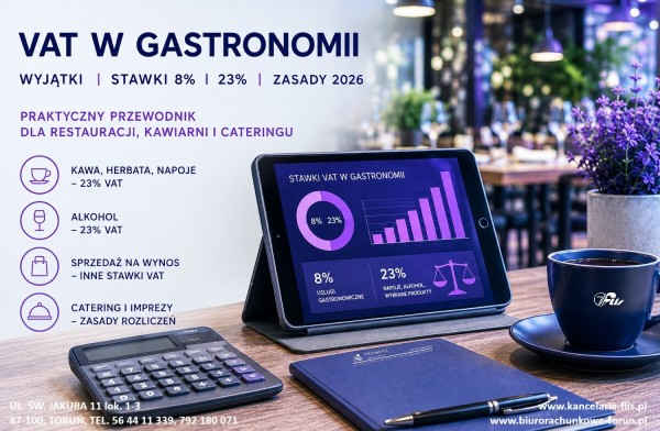 VAT w gastronomii 2026 – wyjątki, stawki 8% i 23% | Księgowość dla gastronomii | Biuro Rachunkowe FLIS Toruń